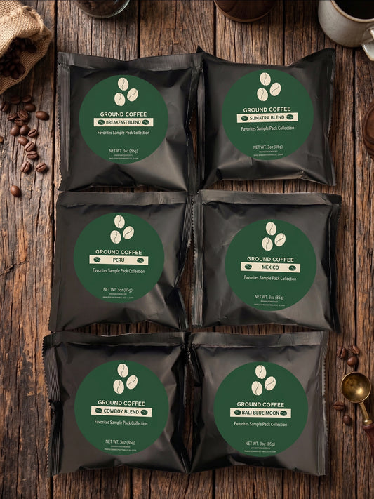 Best Sellers Sample Pack: 6Bean, Cowboy, Breakfast, Peru, Mexico, Bali (Coffee Selector)